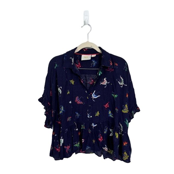 Maeve Anthropologie mallory butterfly blue blouse oversized size XS - Picture 1 of 6